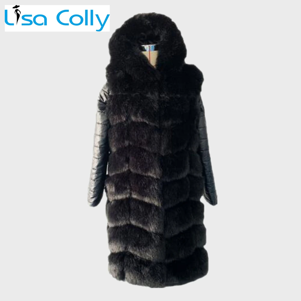 Winter Women PU Black Leather Removable Sleeve Fur Jacket With Hooded Long Faux Fox Fur Coat High Imitation Faux Fur Coat Jacket