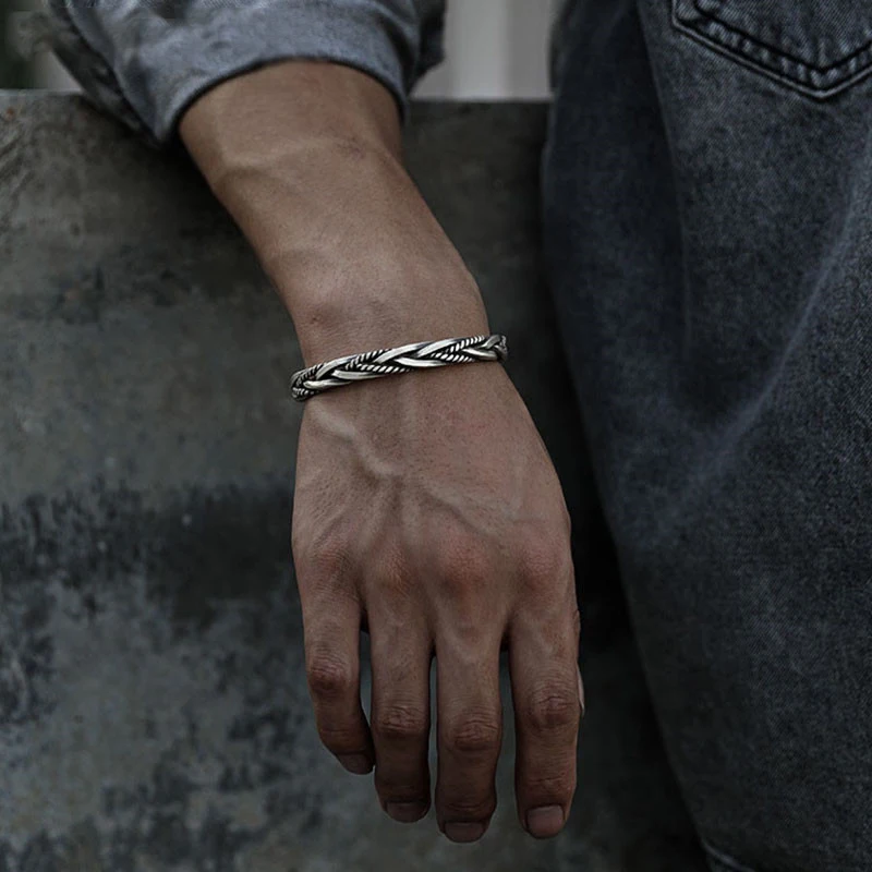 

925 Sterling Silver Twisted Woven Bracelet man women Neutral Retro Thai Original Handmade Exquisite Unique Opening bangle Gift