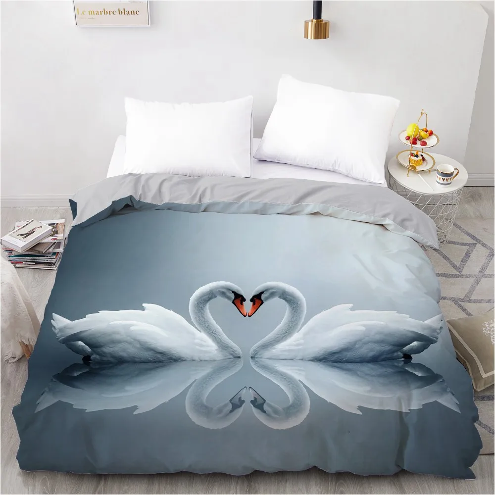 

3D Design Animal White Swan Comforter Shall Pillow Case Beautiful Quilt Cover Sets Gray Bedding Set King Full Size Home Textile