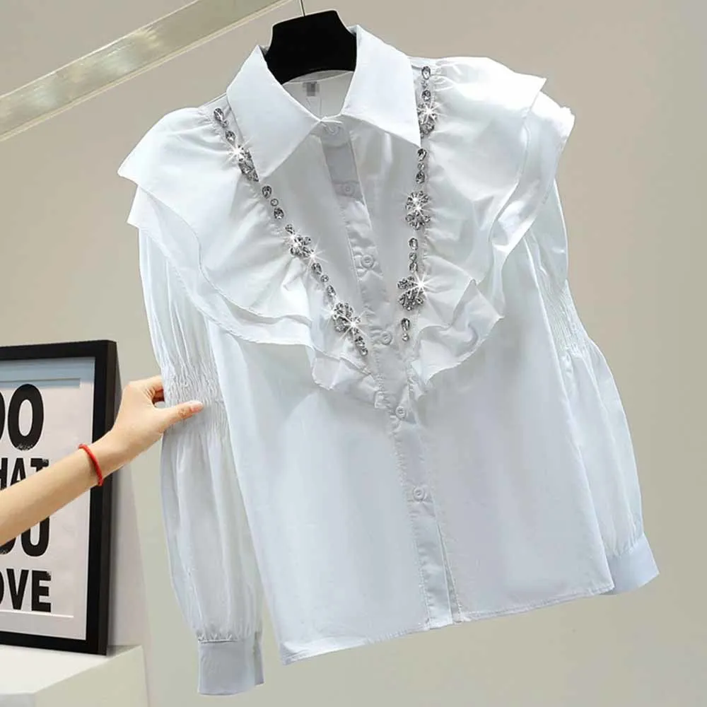 

Heavy Industry Beads Diamond Ruffled Shirt 2022 Spring New Loose Stand Collar Long Sleeve Solid Color Blouse Blusas Mujer