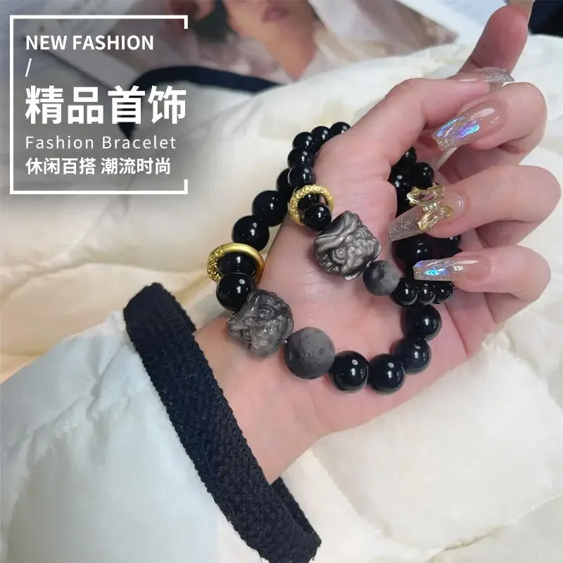 Браслет для пары из натурального обсидиана пара серебряных обсидианных танцев