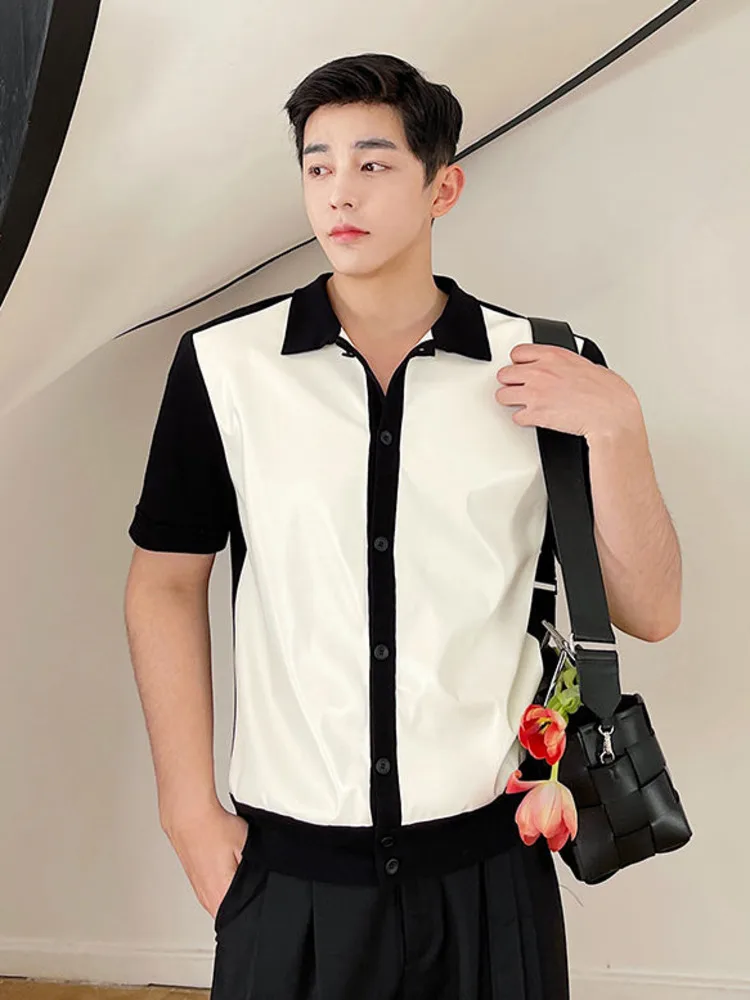 

Мужская одежда SYUHGFA, вязаный свитер с короткими рукавами, свободный однобортный Кардиган из искусственной кожи с лацканами в стиле пэчворк, ...