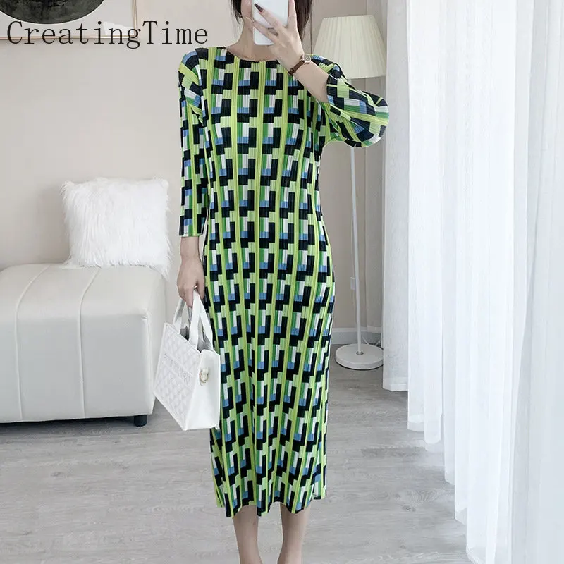 Pleated Plaid Print Midi Dress Slim Fashion Women's Round Neck Long Sleeve Spring Women's 2023 New Elegant Female Clothing LH829