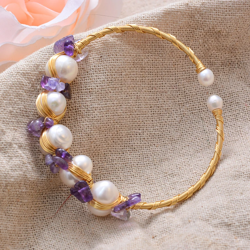 100% натуральный пресноводный жемчуг и Фиолетовый Кристалл 14K позолоченный