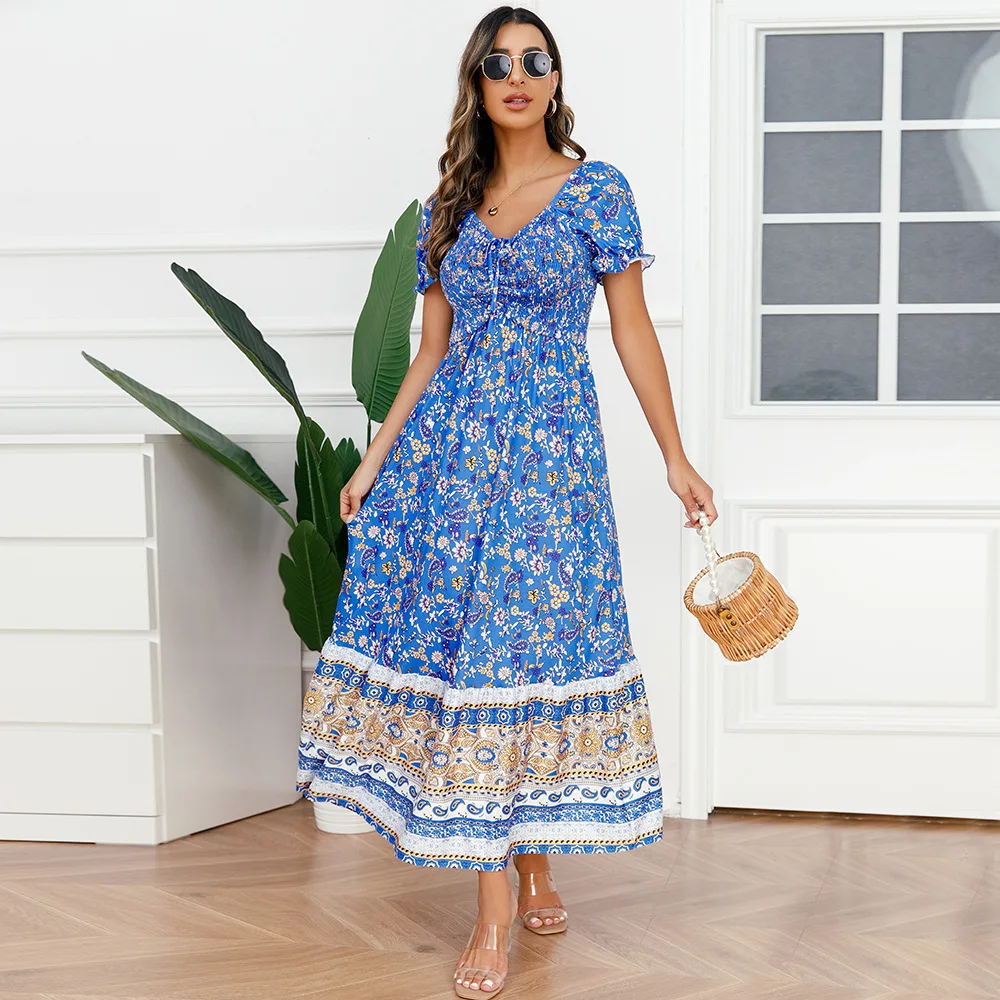 

Flower Print Long Dress For Women 2023 Summer V-Neck Bubble Sleeve Fashion Casual Maxi Dress Lace Up High Waist Midi Dress