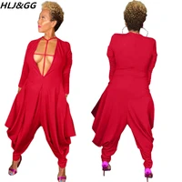 hljgg red sexy hollow out loose jumpsuits women deep v long sleeve wide leg pants playsuits fashion solid irregular rompers 2xl
