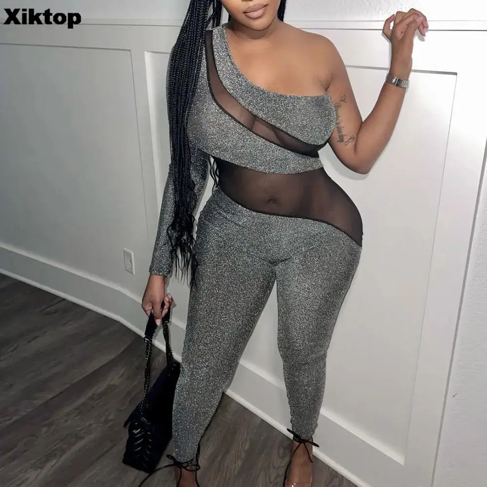 

Комбинезон Xiktop женский сетчатый с одним плечом и длинным рукавом, пикантный ажурный боди, Цельный Наряд, красивый комбинезон