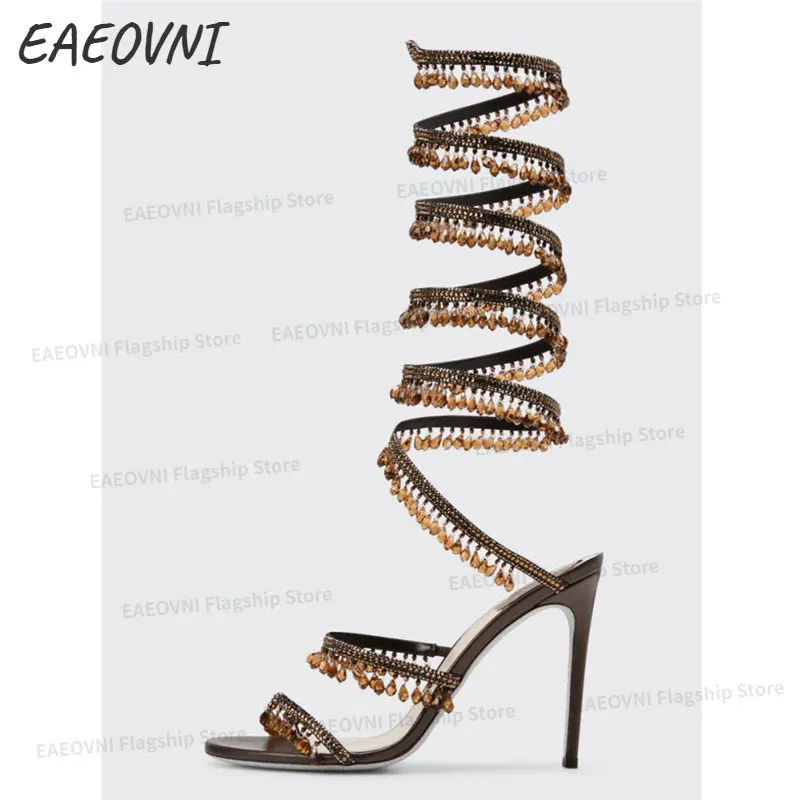 2023 EAEOVNI  Women's New Rhinestone Sandals Fashion Tassel Crystal Shoes Sexy Banquet Party Twining Stiletto Women's Sandals