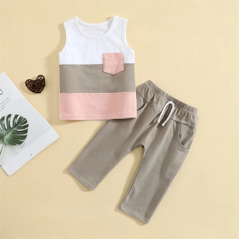 

0-24 Months Sleeveless Summer Baby Boys Summer Outfit Sets Sleeveless o Neck Patchwork Vest + Solid Color Pants
