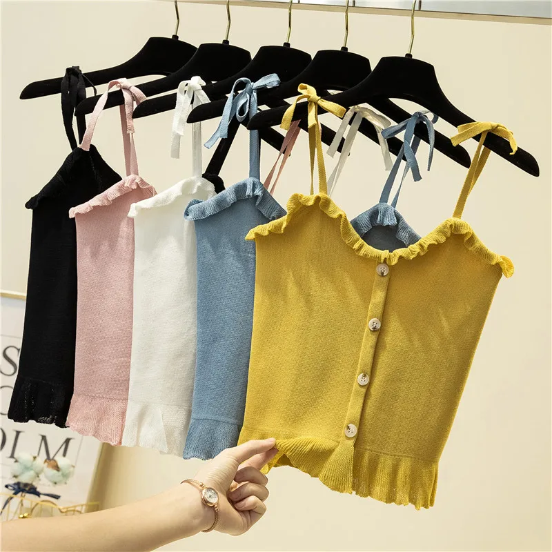 

Heliar Women Knitting Tops Buttons Front Tied Strap Ruffle Tops Summer Solid Color V Neck Sweet Sleeveless Crop Tops