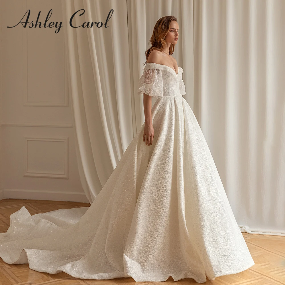 

Ashley Carol Off Shoulder Wedding Dress 2023 Sweetheart Puff Sleeve Sparkling Tulle A-Line Bride Wedding Gown Vestidos De Novia