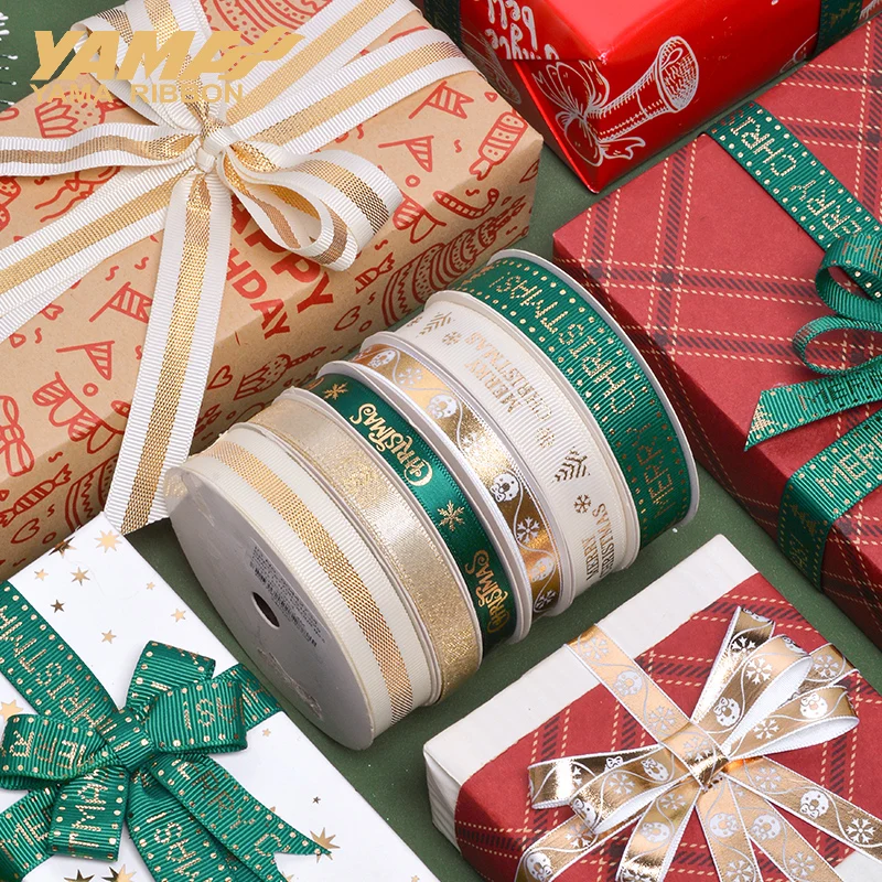 

YAMA Christmas Decoration Ribbon 10yards/roll 9mm 16mm Printed Green Gold Series Ribbons DIY Xmas Tree Craft Supplie