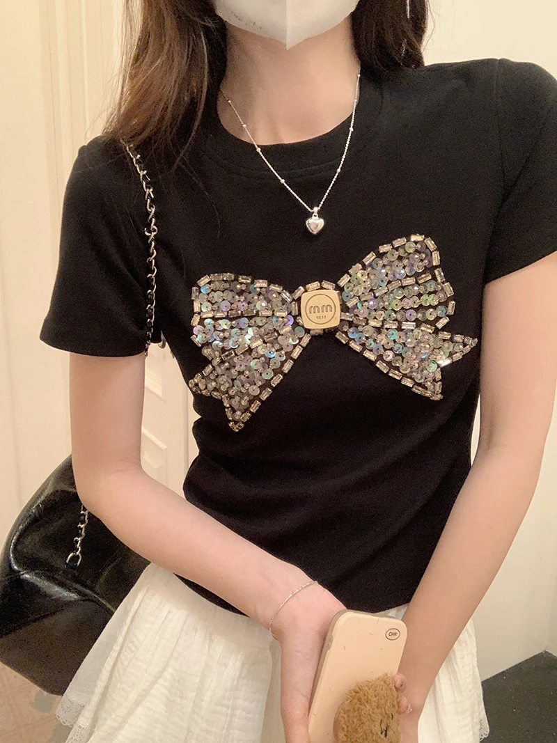 Женская летняя футболка с короткими рукавами и черным бантом больших размеров