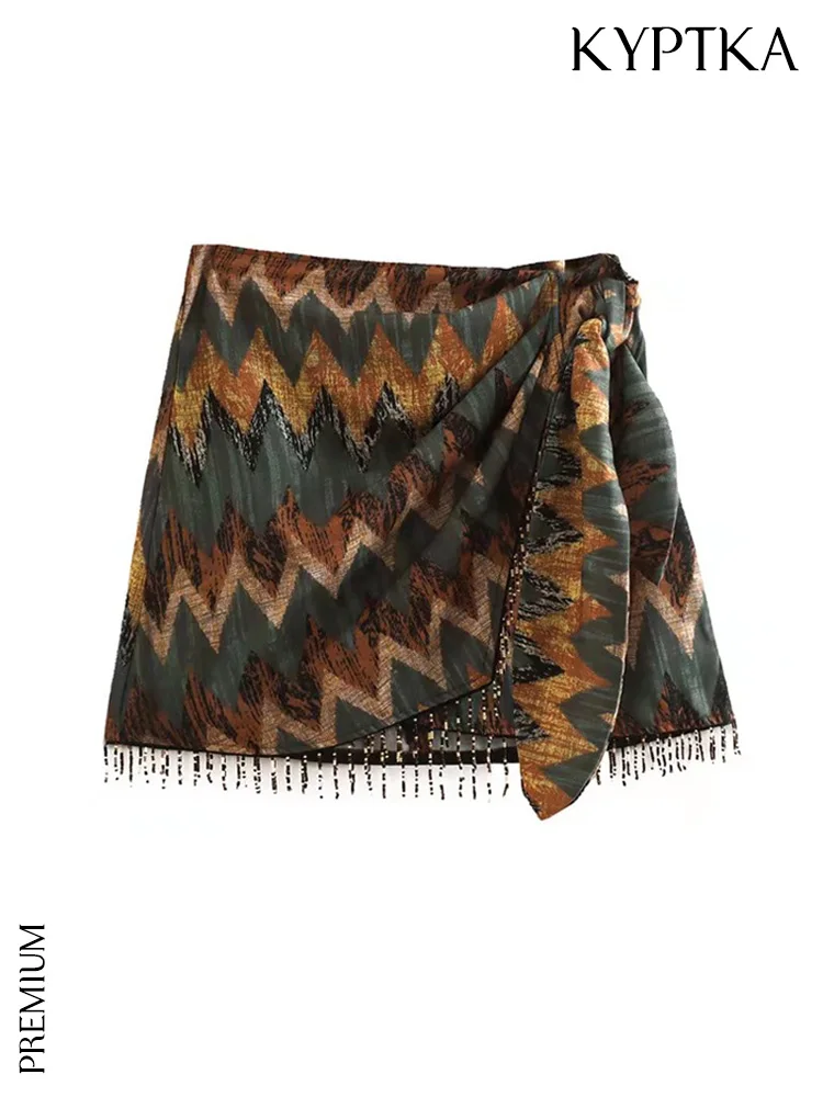 

KYPTKA Women Fashion With Bow Tied Beading Printed Wrap Mini Skirt Vintage High Waist Back Zipper Female Skirts Mujer