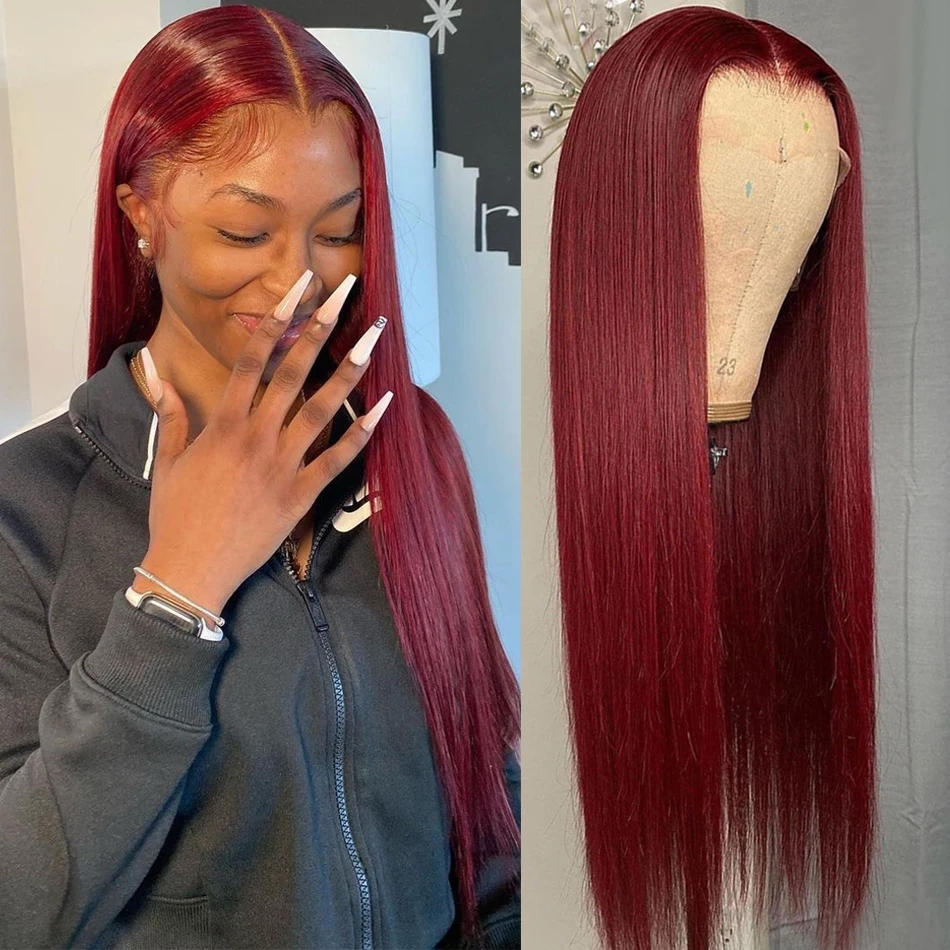 

Soft Burgundy 26Inch Long 180%Density Glueless Straight Wine Red Preplucked Lace Front Wig For Black Women BabyHair Daily 99j