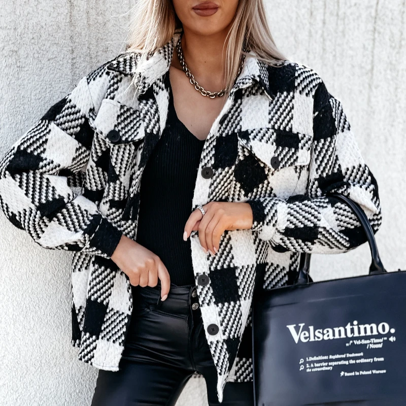

2021 Autumn and Winter Long-sleeved Houndstooth Printed Woolen Coat Feminine Temperament Trend Women's Straight Casual Coat