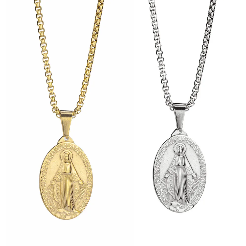 

Virgin Mary Pendant Necklace for Women Stainless Steel Coin Oval Religious Catholic Vintage Jewelry Believer Men Necklace