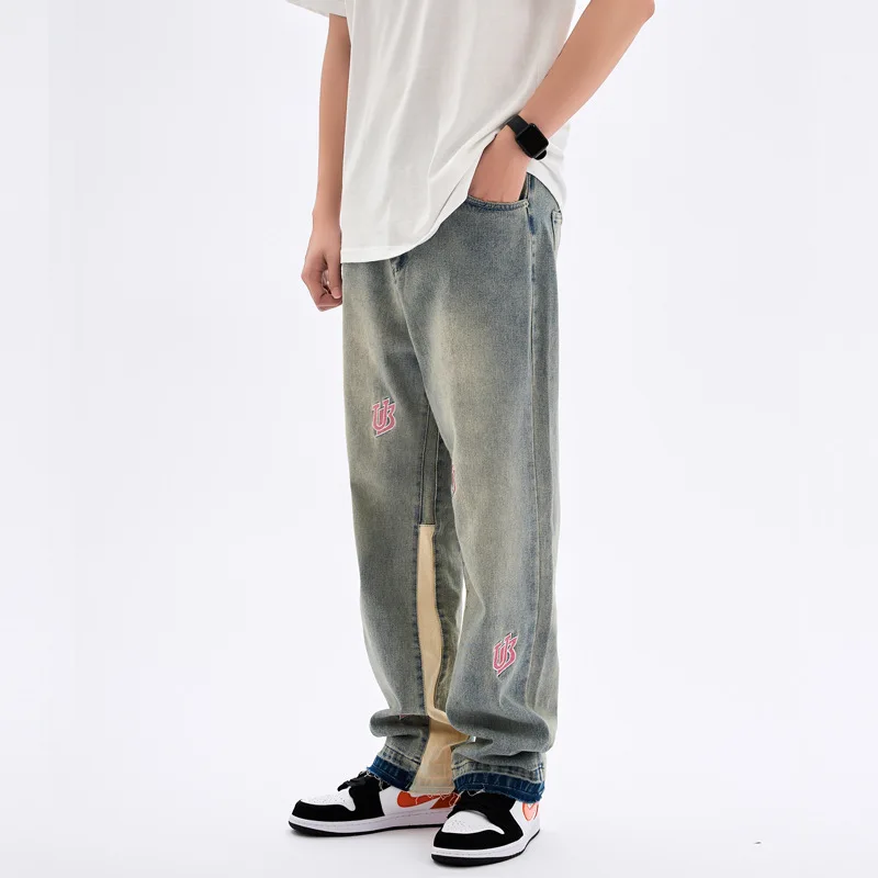 American Retro High Street Patch Embroidered Jeans Men's Ins Street Vibe Style Hip Hop Street Casual Pants Brand Men's Clothing