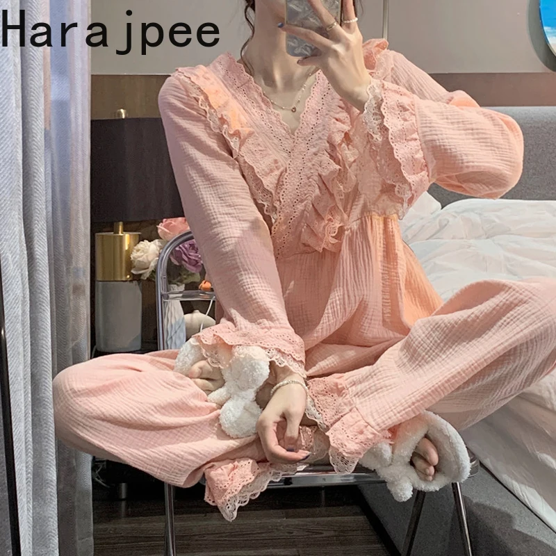

Harajpee Women Pajamas Long Sleeve Long Pants Sweet Loose Casual Two-piece Suit V-Neck Solid Spring Autumn New Korean Chic 2022