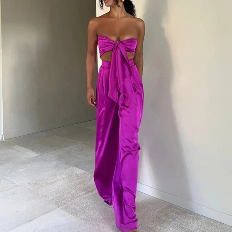 

Комплект одежды Musuos женский атласный, модный однотонный жилет без бретелек с узелком, пикантная уличная одежда с широкими штанинами и высок...