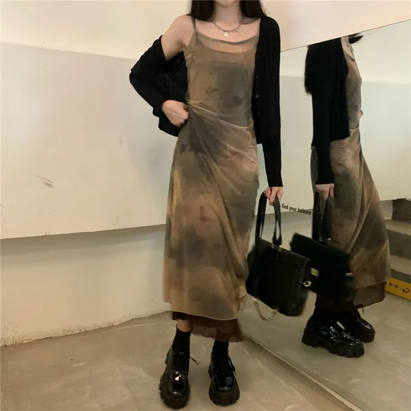 

Korea Style Tie Dye Print Mesh Dress Women Sexy Grunge Gothic Spaghetti Strap Midi Dress Fairycore Vestidos Robe Femme Summer