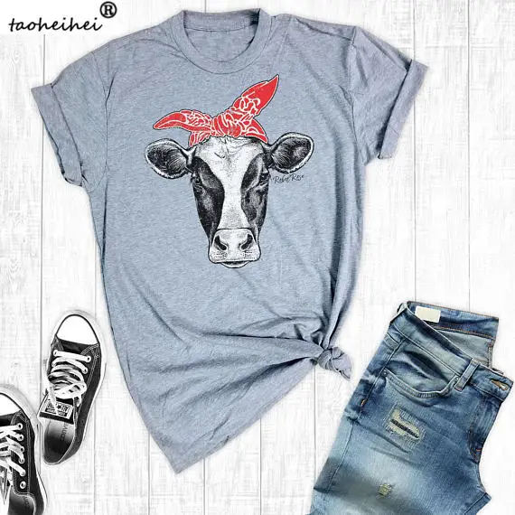 Женская футболка Hillbilly забавная и милая стильная с принтом коровы серая женская
