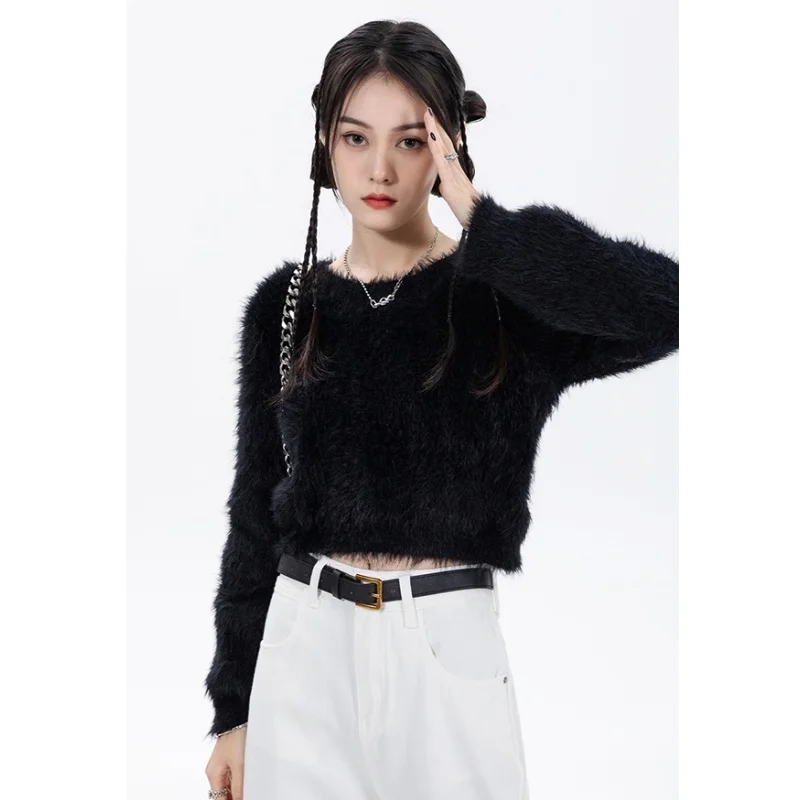 

Women's Clothes Black Sweater Short Fashion Vintage Lazy Wind Leisure Loose New Winter Female Long Sleeve Knitting Pullover