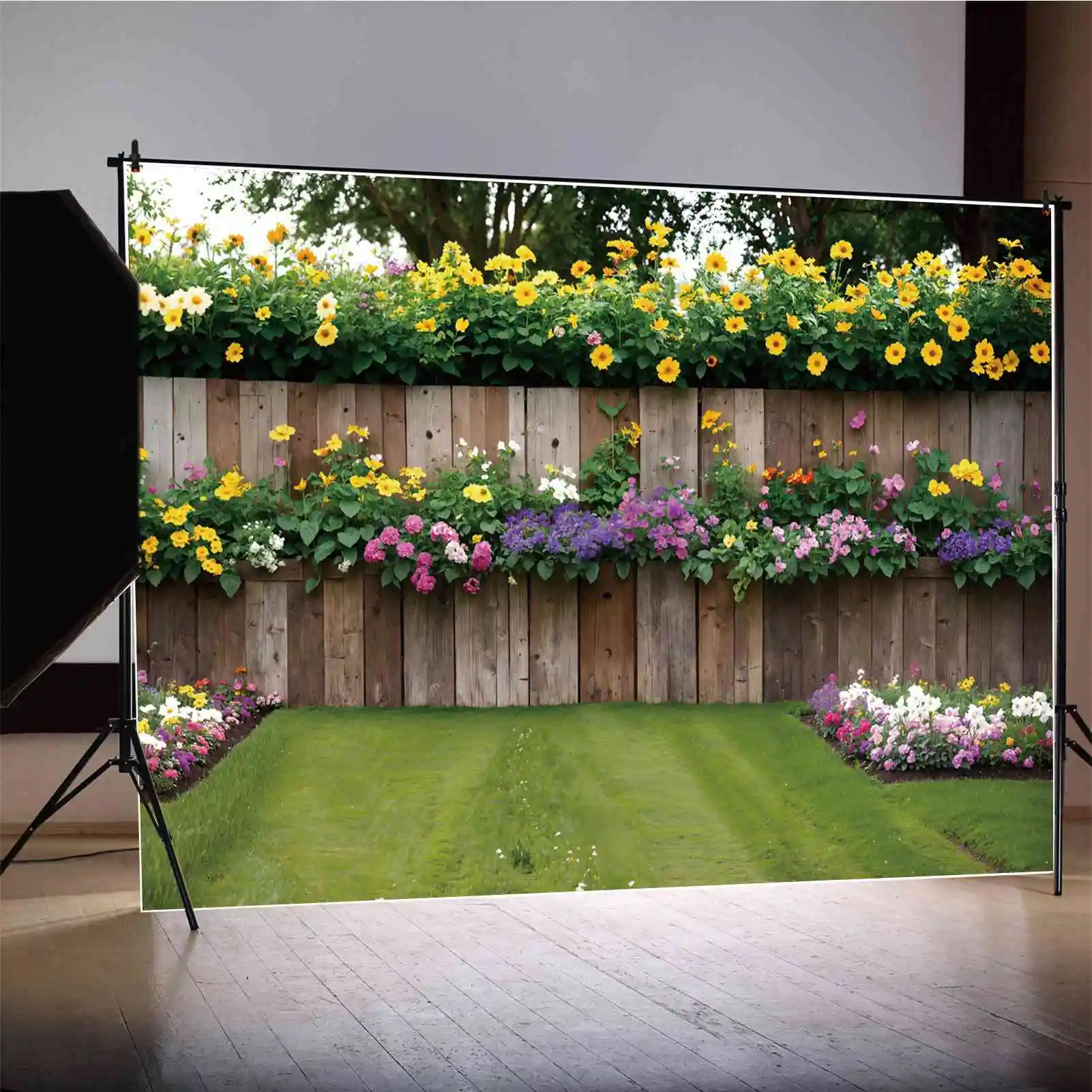 

Flowers Garden Wooden Wall Backdrops Photography Plank Fence Green Grassland Custom Children'S Photo Background Studio Props