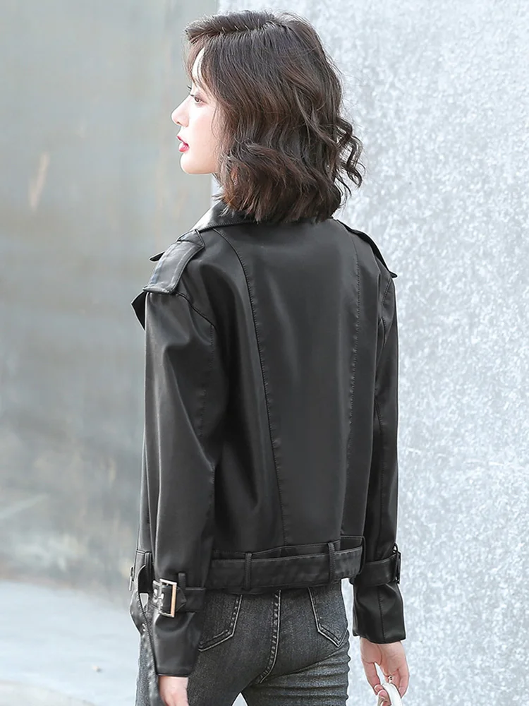 New Spring Autumn Women Leather Jacket 2022 Ladies Suit Collar Solid With Belt Zipper Biker Coat Female Casual Moto Outerwear