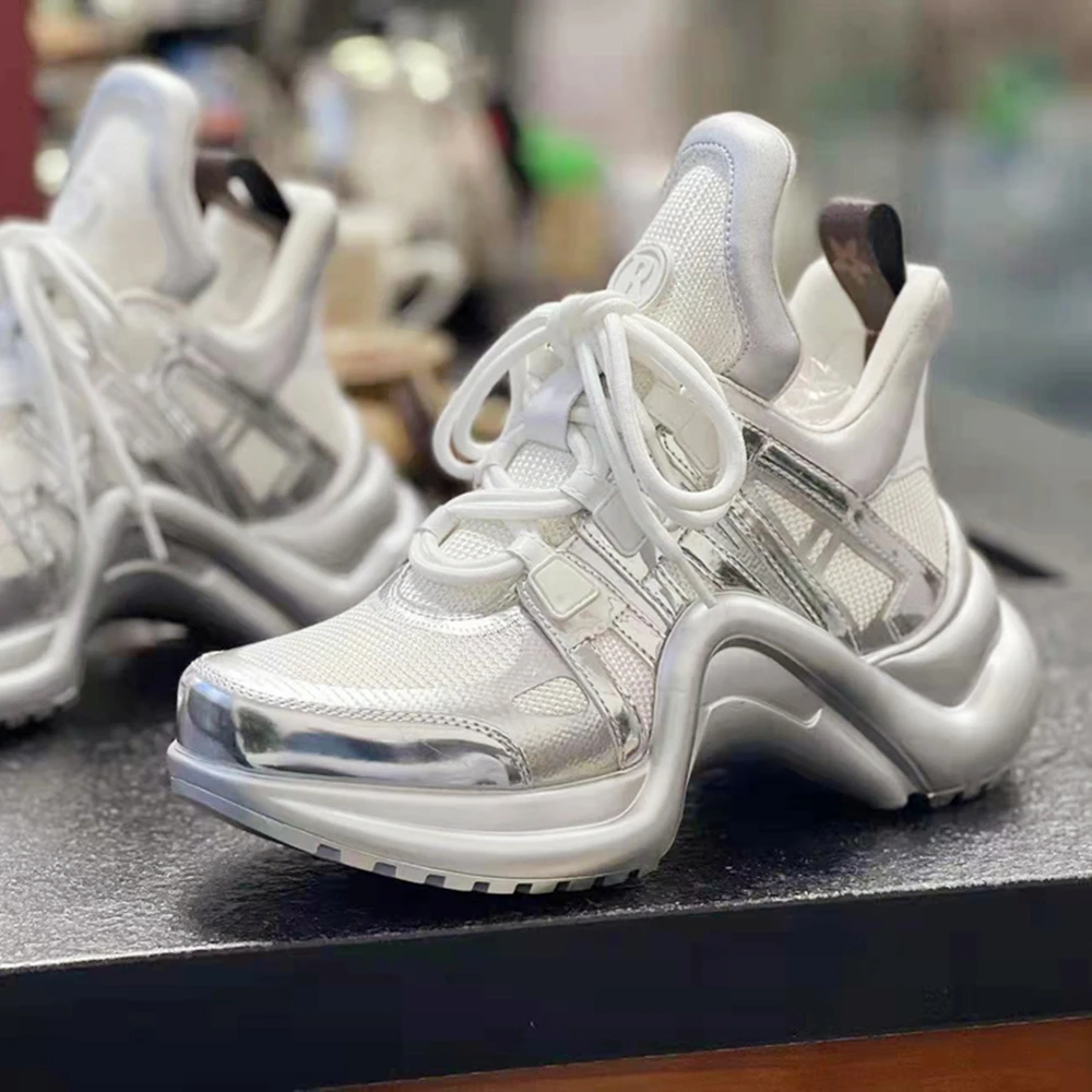 Women Platform Arched Shape Vulcanize Sneakers Height Increasing Breathable Mesh Mixed Color Lace-Up Running Shoes Woman Shoes