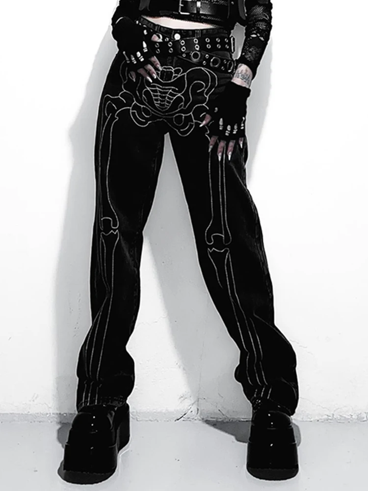

WeiYao Black Goth Denim Jeans Skull Print Straight Cargo Pants Punk Style Low Rise Streewear Casual Pants Women Dark Aesthetic