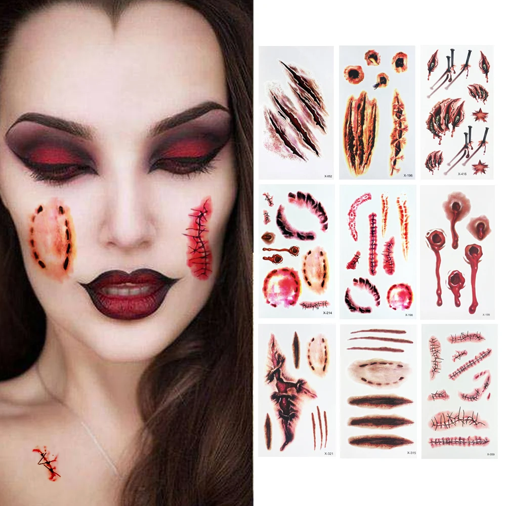 

3/6/10pcs Halloween Bloody Wound Tattoo Stickers Trick Scary Waterproof Temporary Tattoo DIY Fake Tattoo Halloween Party Decoras
