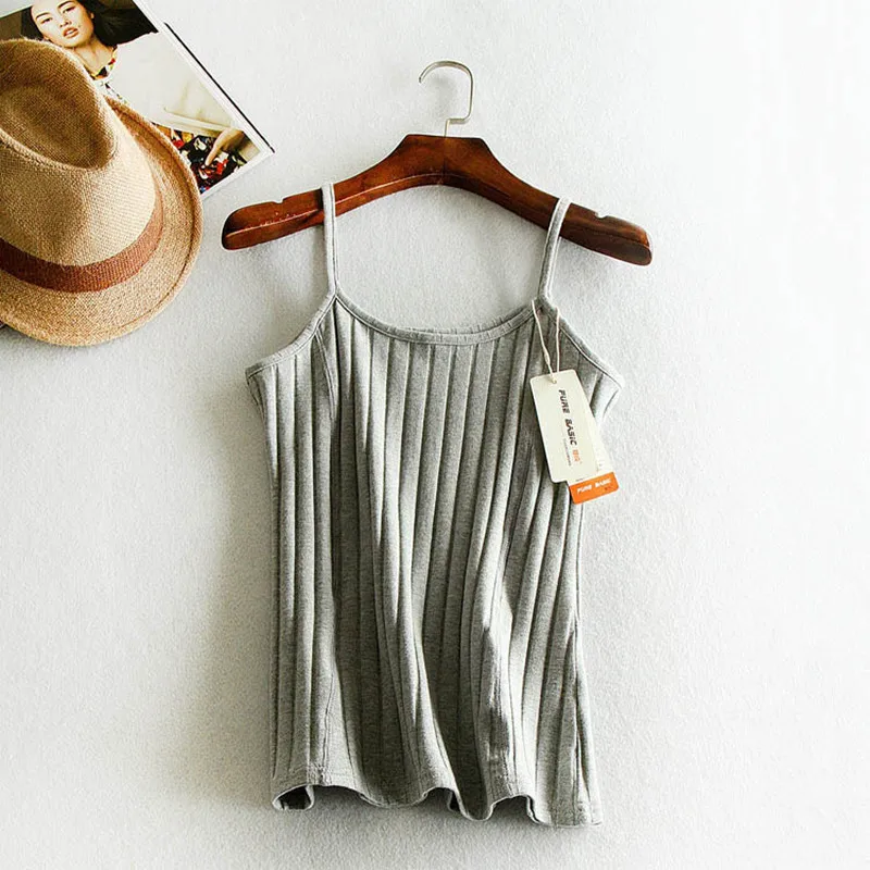 

Womens Summer Camis Tanks Tops Sleeveless Cotton Stripe Girls Tees Slim Fit Lady Korea Style Solid Spaghetti Straps Camisole New