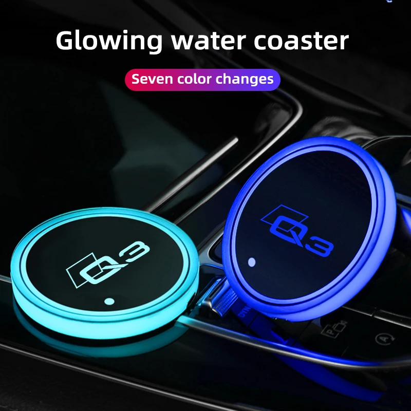 2pcs Car Logo Luminous Cup Mat Coaster 7 Colors Led Atmosphere Light For Audi Q3 2012 2013 2015-2017 2022 Auto Accessories
