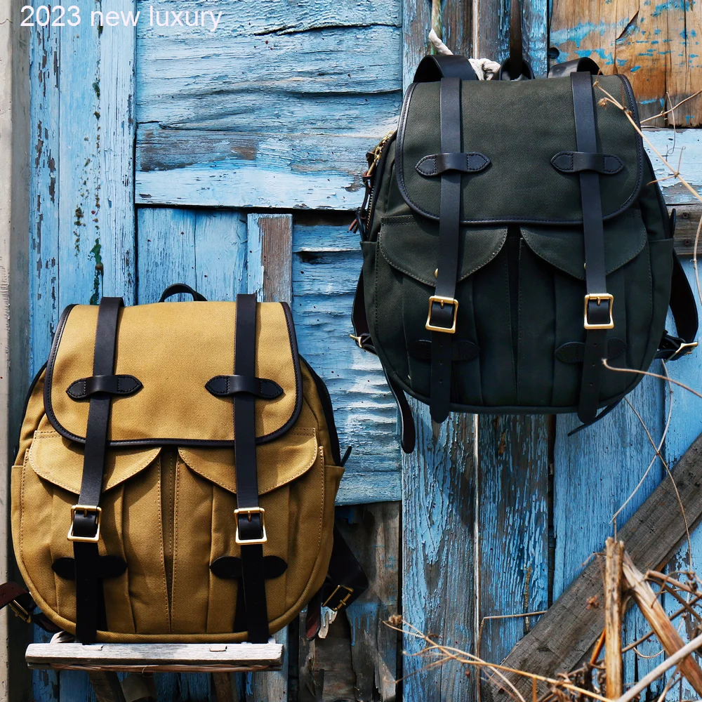 Size Fast Shipping, 34x 39 X 11cm Super Quality Backpack Genuine Cowhide & 22oz Wax Canvas Water Proof YKK Zipper Bag