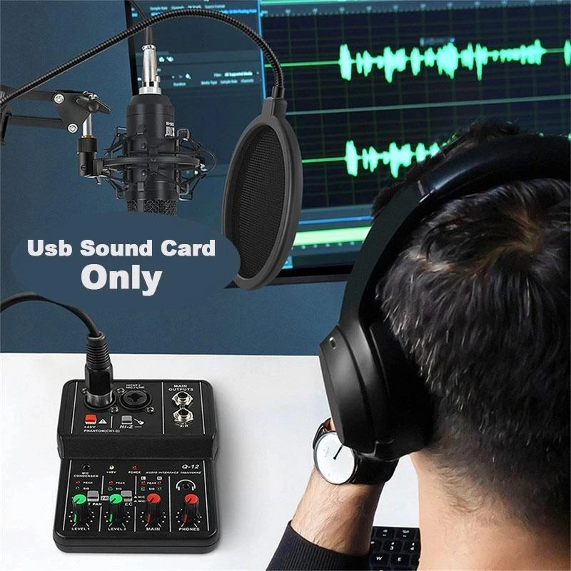 

Portable Q12 USB Sound Card Audio Interface Drive-free Professional Cards Mini 2-way Mixer For Studio Singing Computer Recording