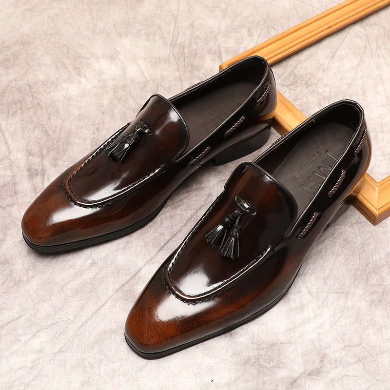 Black Brown Tassel Wingtip Elegant Mens Dress Shoes Office Wedding Genuine Leather Men's Oxford Shoes