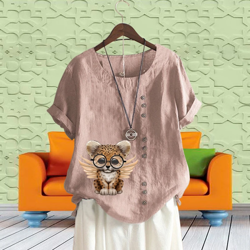 

New Summer Ladies 11 Colors Cut Animal Printed Loose T-shirt Retro Cotton Linen Round Neck Solid Color Short Sleeve Top XS-5XL