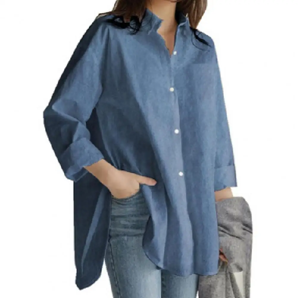 

Women Shirt Turn-Down Collar Solid Color Long Sleeve Single Breasted High-low Hem Side Split Shirt Female Clothing ropa mujer