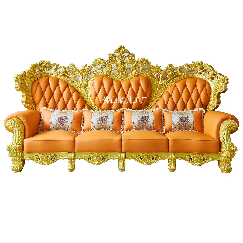 

European-style Solid Wood Carved First Floor Cowhide Sofa Villa Furniture Luxury Living Room