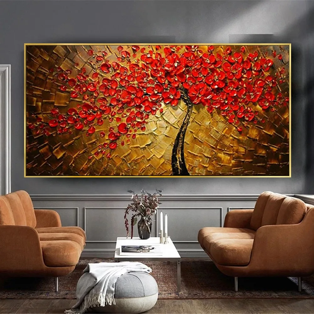 

New Christmas Decor Gift For Home Thick Oil Red Flowers On The Wall Hand Drawn Oil Painting On Canvas Wall Art Pictures For Room