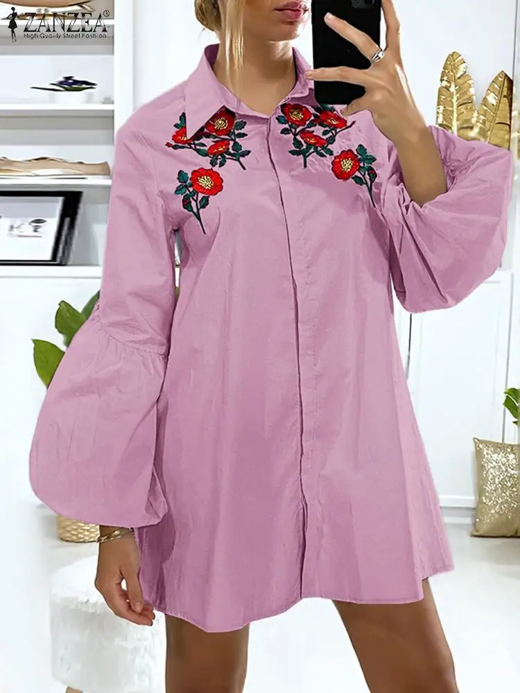 

ZANZEA Sumer Embroidery Mini Vestido Summer Dresses Woman 2022 Shirt Dress Casual Solid Puff Sleeve Lapel Party Robe Oversized 1
