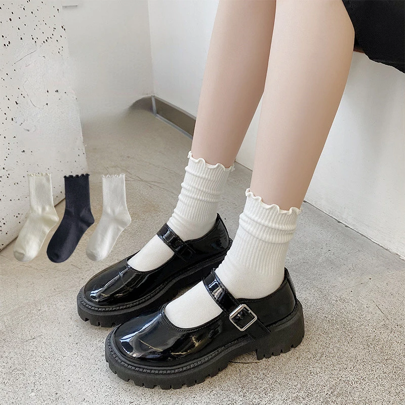 Ruffle Socks for Women 5pair /Lot Mid Crew Middles Tube Ankle High Breathable Black White Calcetines Female Spring Autumn Sock