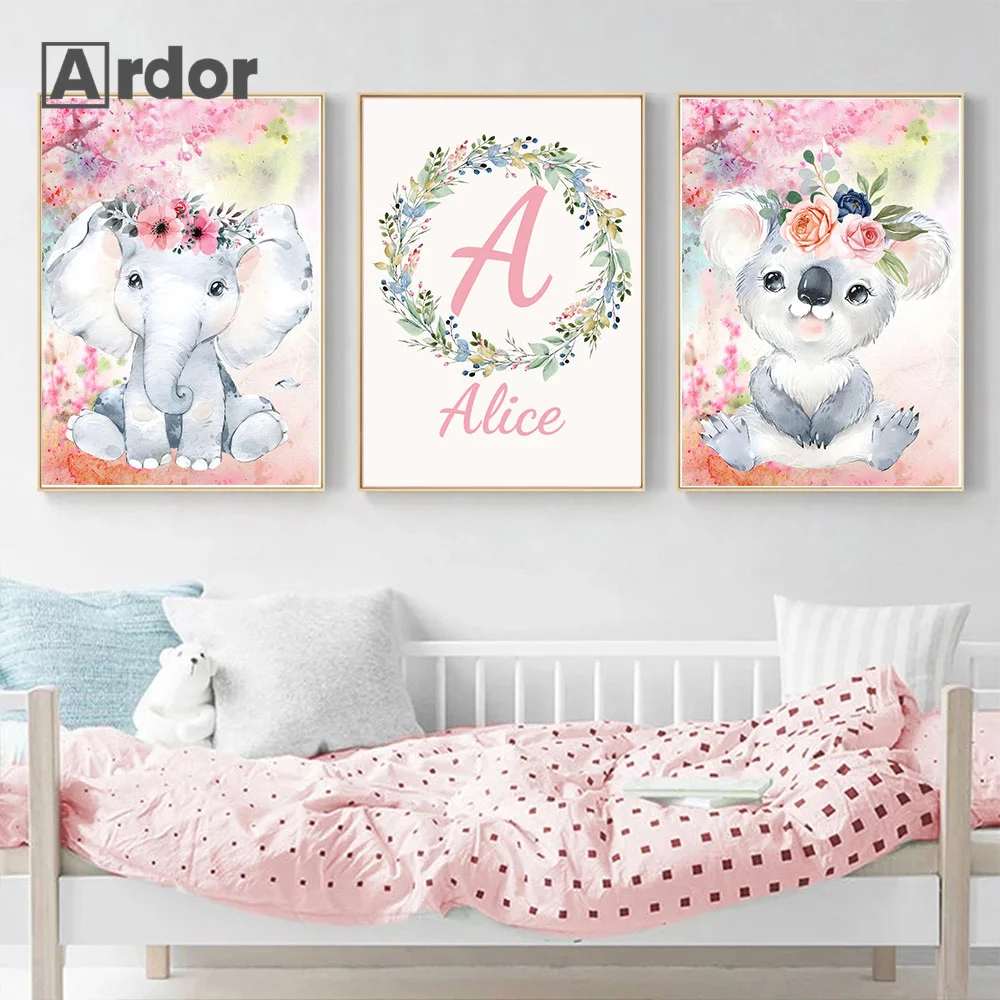 

Pink Flower Custom Name Canvas Painting Cartoon Animal Nursery Poster Elephant Giraffe Wall Print Pictures Girls Kids Room Decor