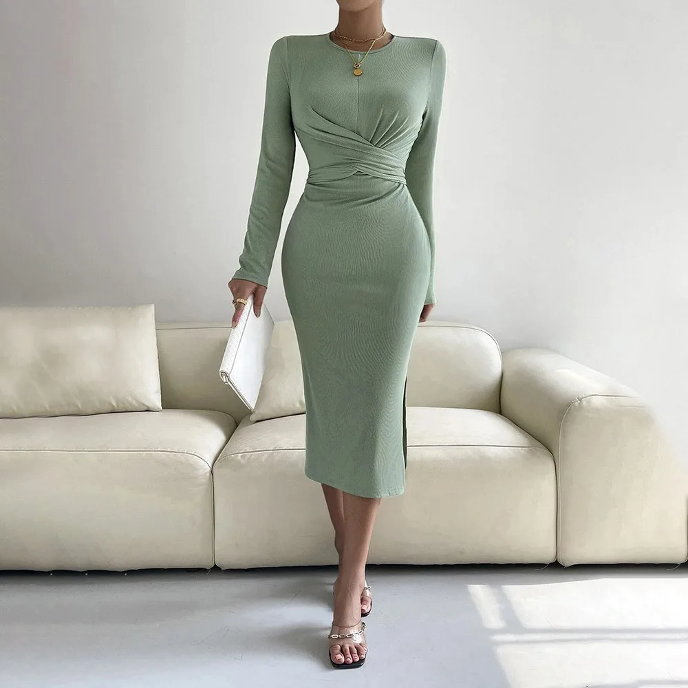 

High Quality Hot Fashion Elegant Long Midi Dresses for Women Full Sleeve Skinny Sashes Split Bodycon Dress Cross Ruched Clothes