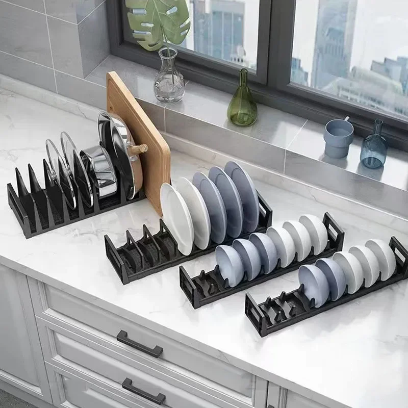 

Kitchen Pot Lid Pan Dish Storage Rack Space Aluminum Dripping Bowl Rack Kitchen Organizer Countertop Tableware Counter Shelf
