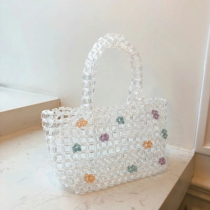 

Spring and Summer New Handmade Crystal Small Square Pearl Hollow Woven Bag Net Red Flower Handbag Female