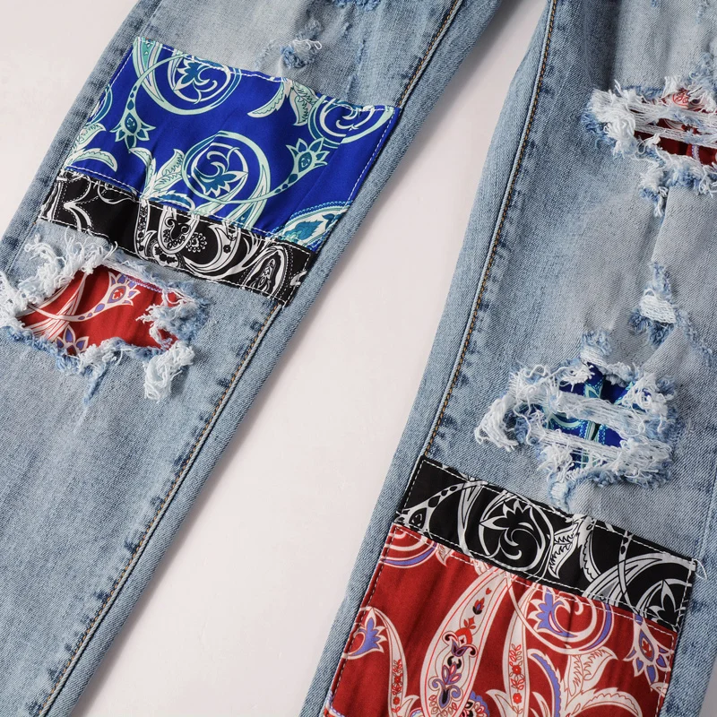 Fashion Patch Designer Men Jeans Retro Light Blue Stretch Slim Ripped Jeans Men Punk Hole Trousers Hip Hop Brand Pants Hombre