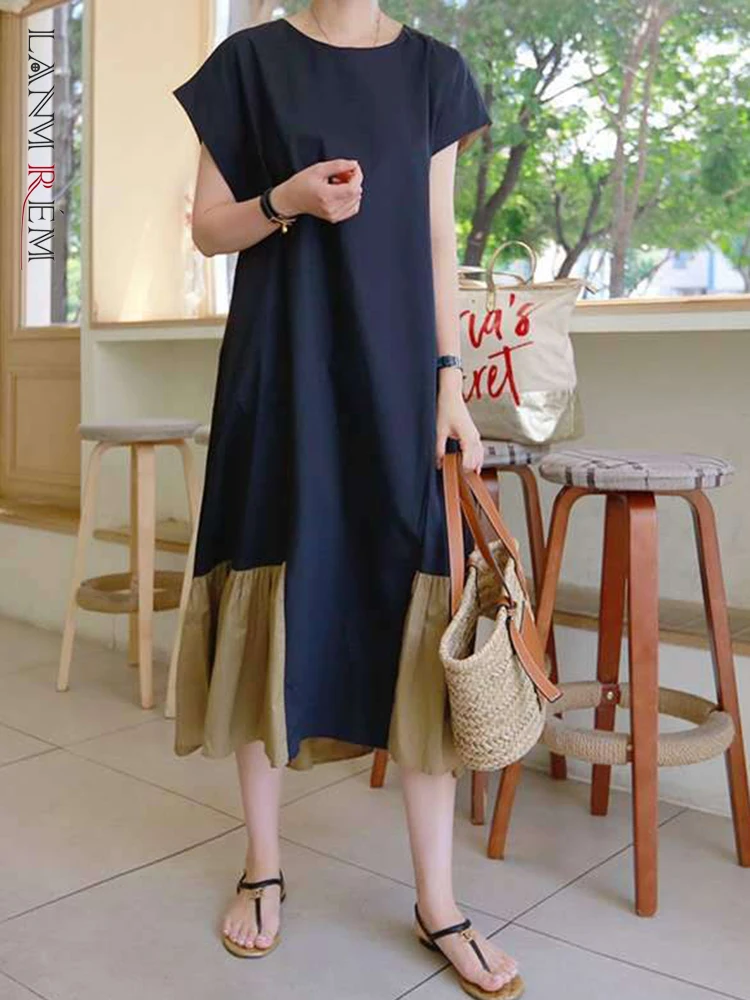 

LANMREM Women Patchwork Loose Midi Folds Dress Short Sleeve Pullover Round Collar 2022 Summer Female Fashion Clothing 2I740