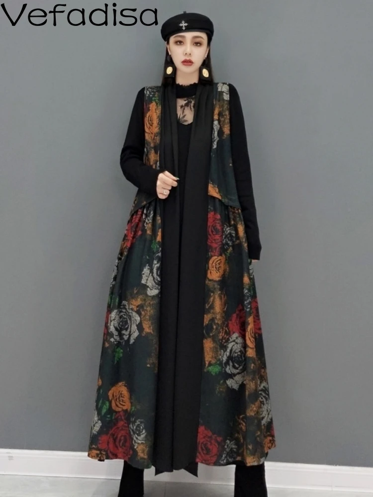 

Vefadisa Women Sleeveless V Neck Cardigan Vest Coat Loose Mid-length Flowers Printing High Waist Coat 2023 Spring Autumn LHX2083